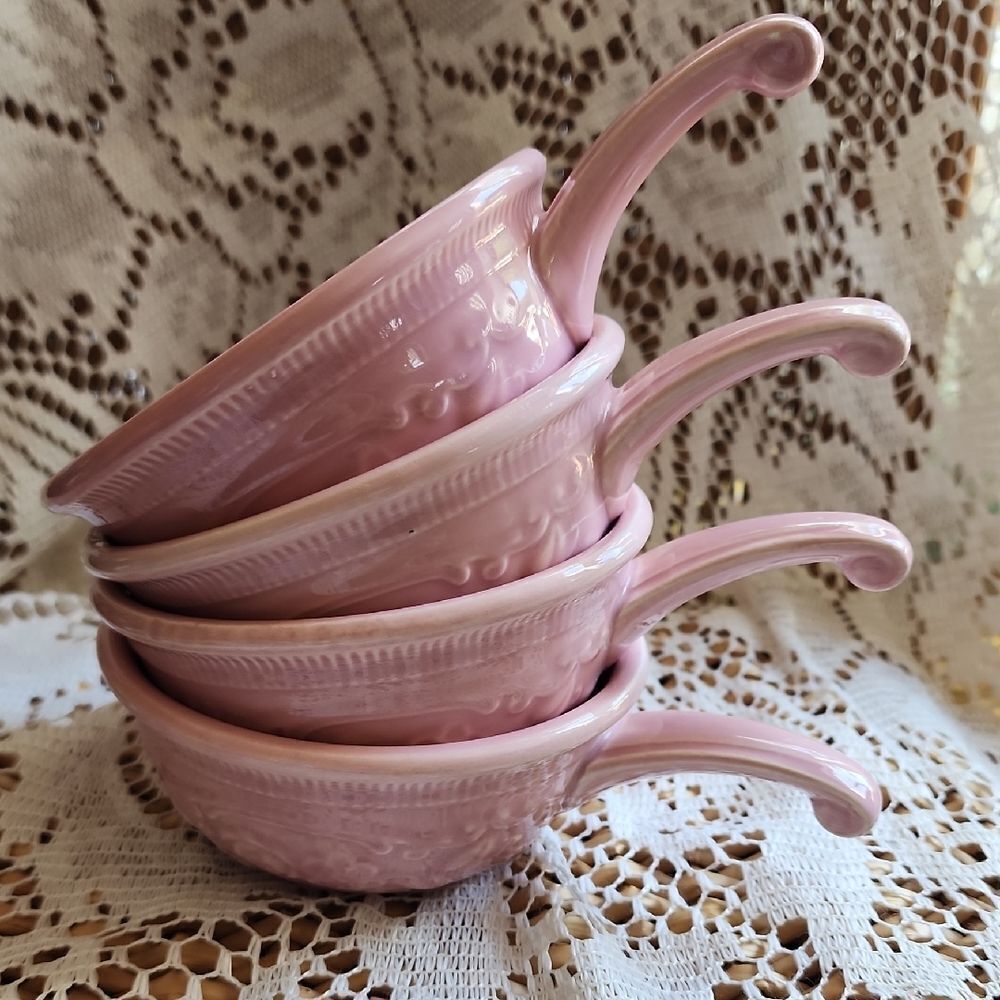 Antique Vintage Taylor Smith & Taylor Pink Oven Serve Ware Handled Small Bowls